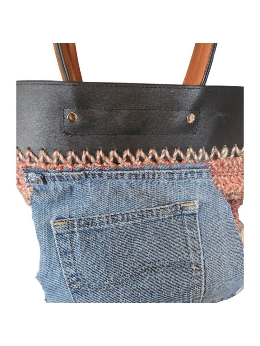 Upcycled Crochet Faux Leather Tote with Denim Pocket Fall Artisan Handbag Knit - Picture 10 of 17